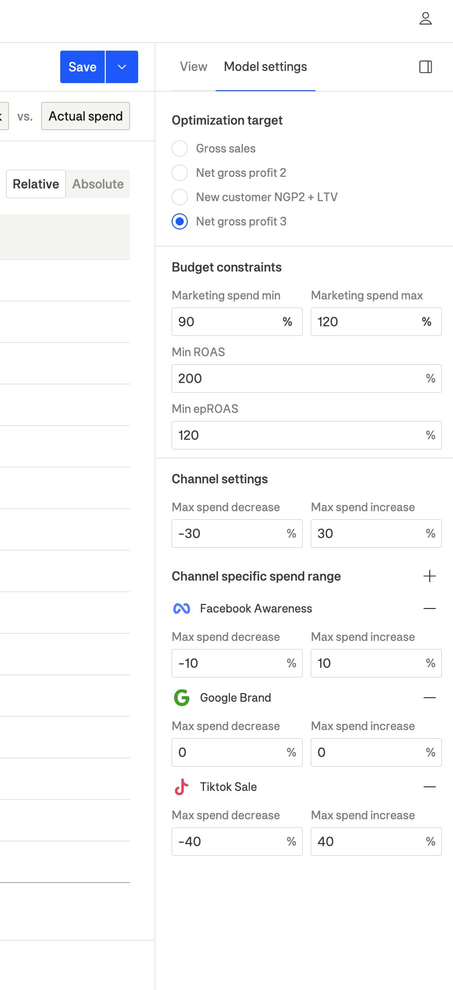 Model settings panel