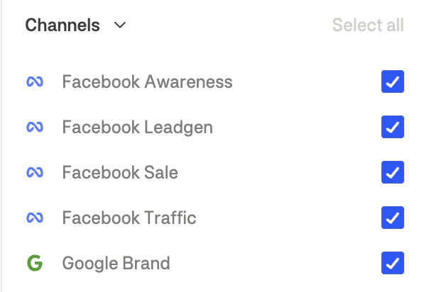 Channels filter showing available channels
