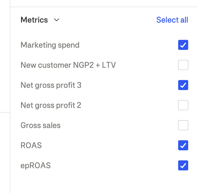 Metrics filter showing available metrics