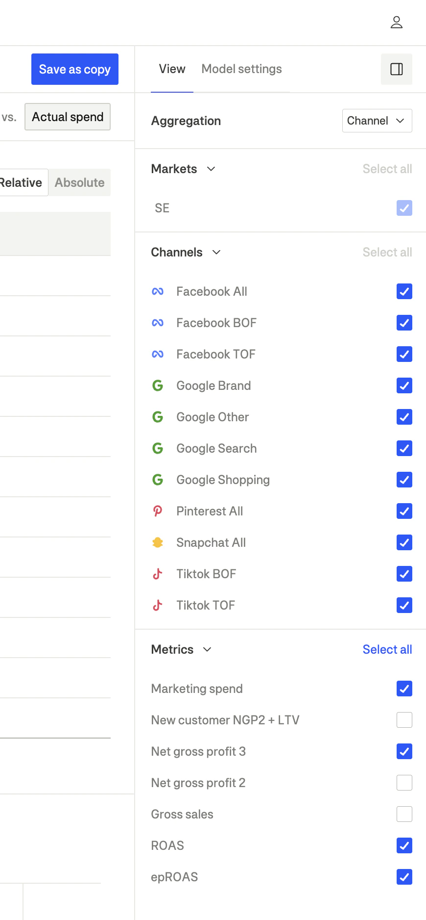 View settings panel showing aggregation, markets, channels, and metrics filters