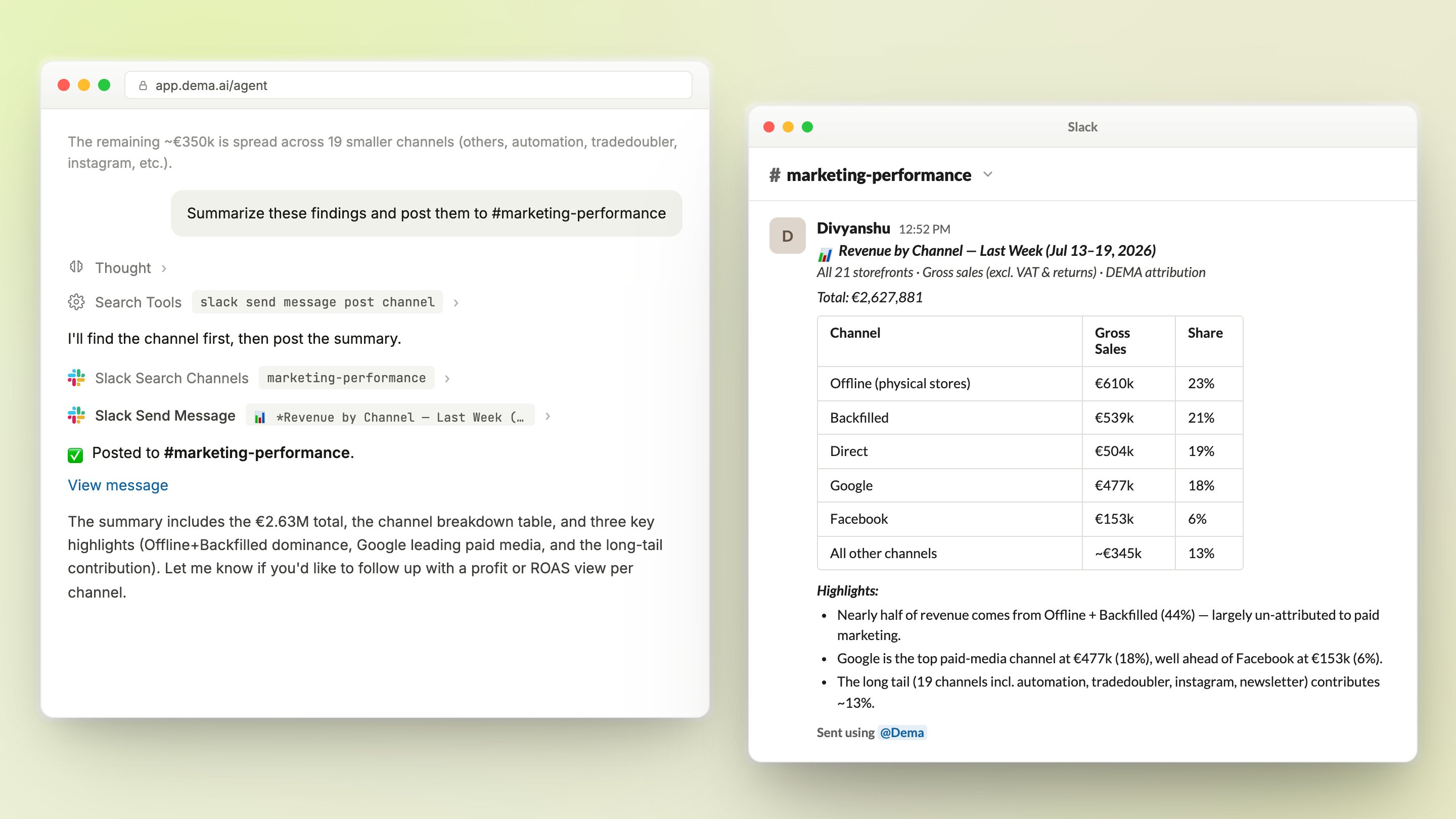 The Dema agent view posting an analysis summary to a Slack channel