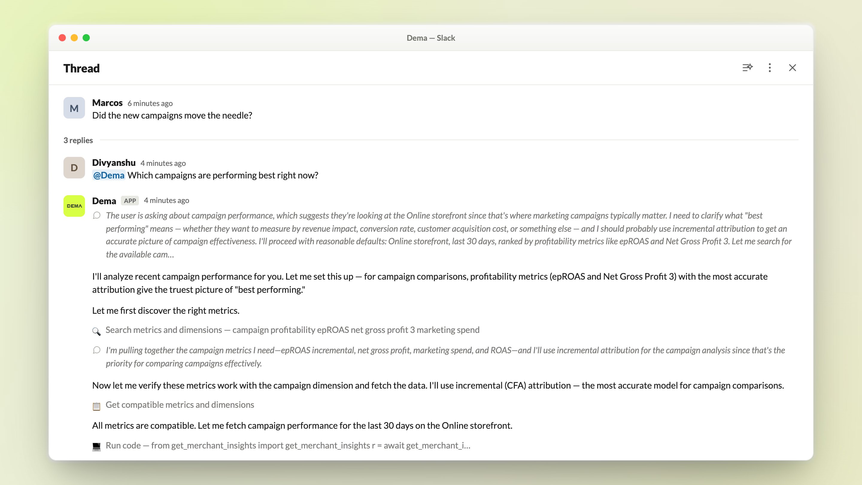 Dema answering a campaign performance question in a Slack channel thread