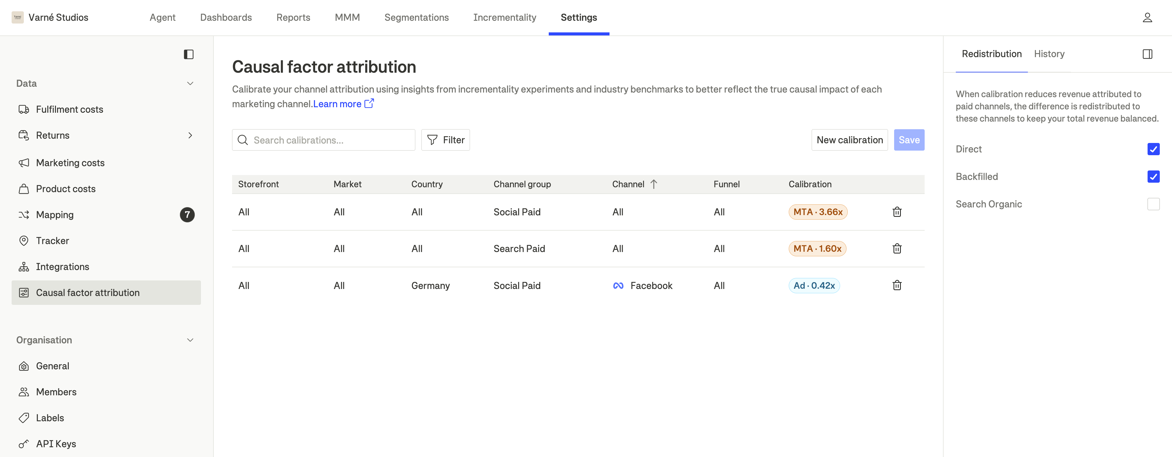 The attribution settings page showing calibration rules