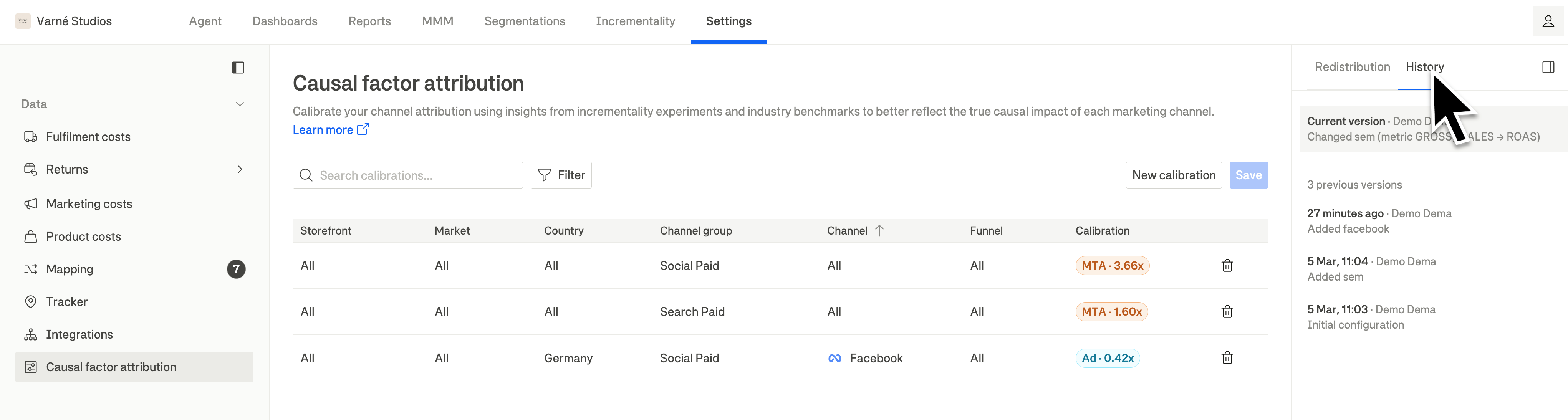 Version history showing previous calibration configurations