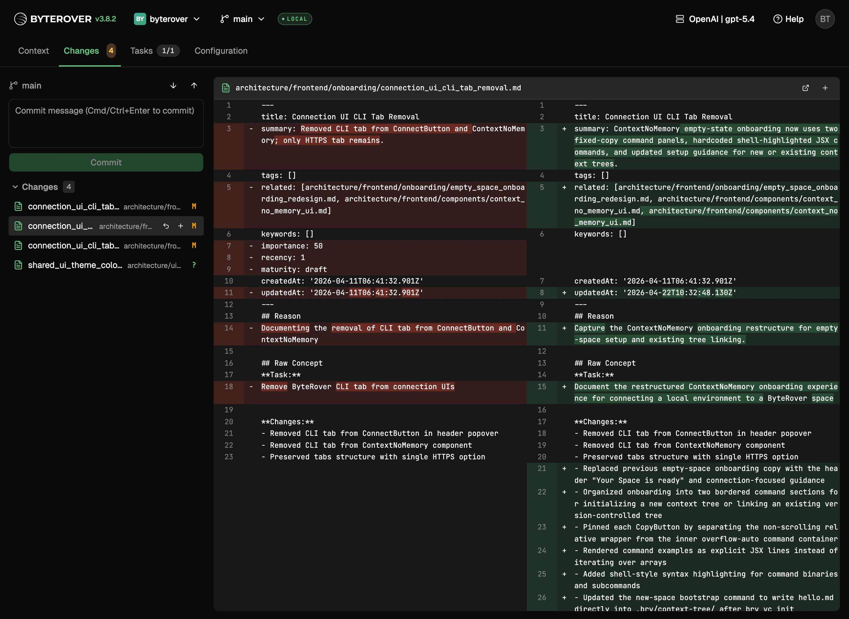 Changes tab with a modified file and its diff