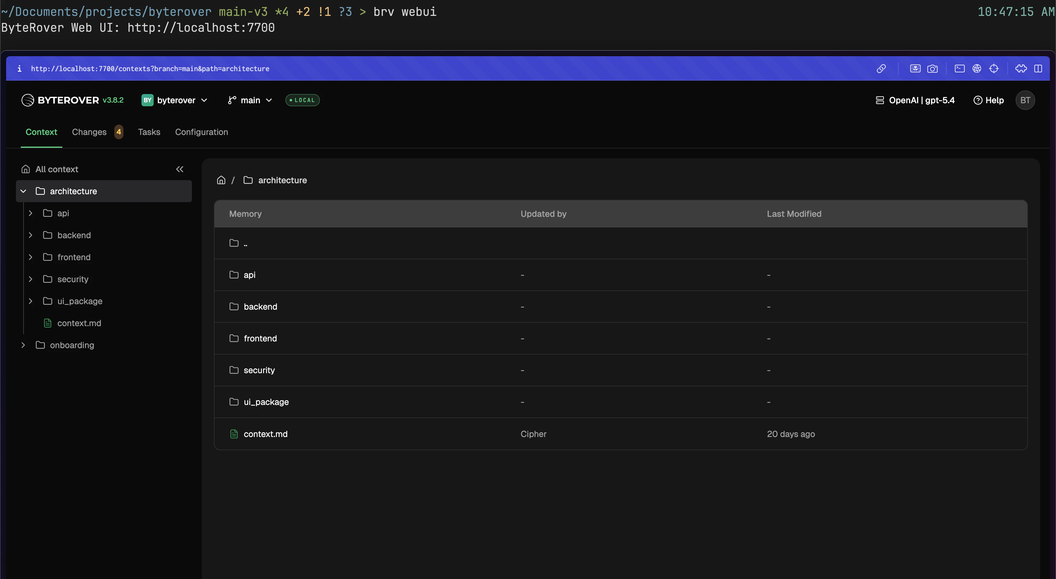 Terminal running brv webui with the browser opening to the web UI