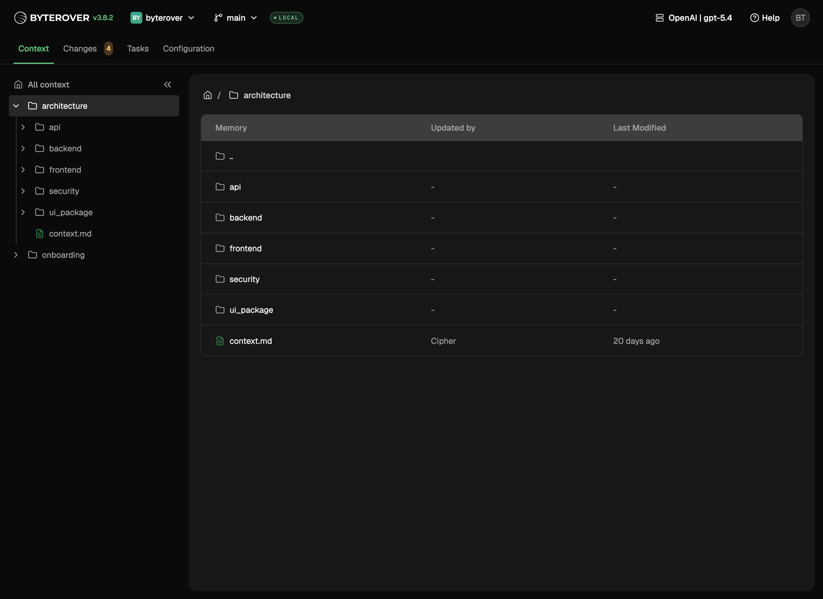Web UI home — header with project dropdown and tabs