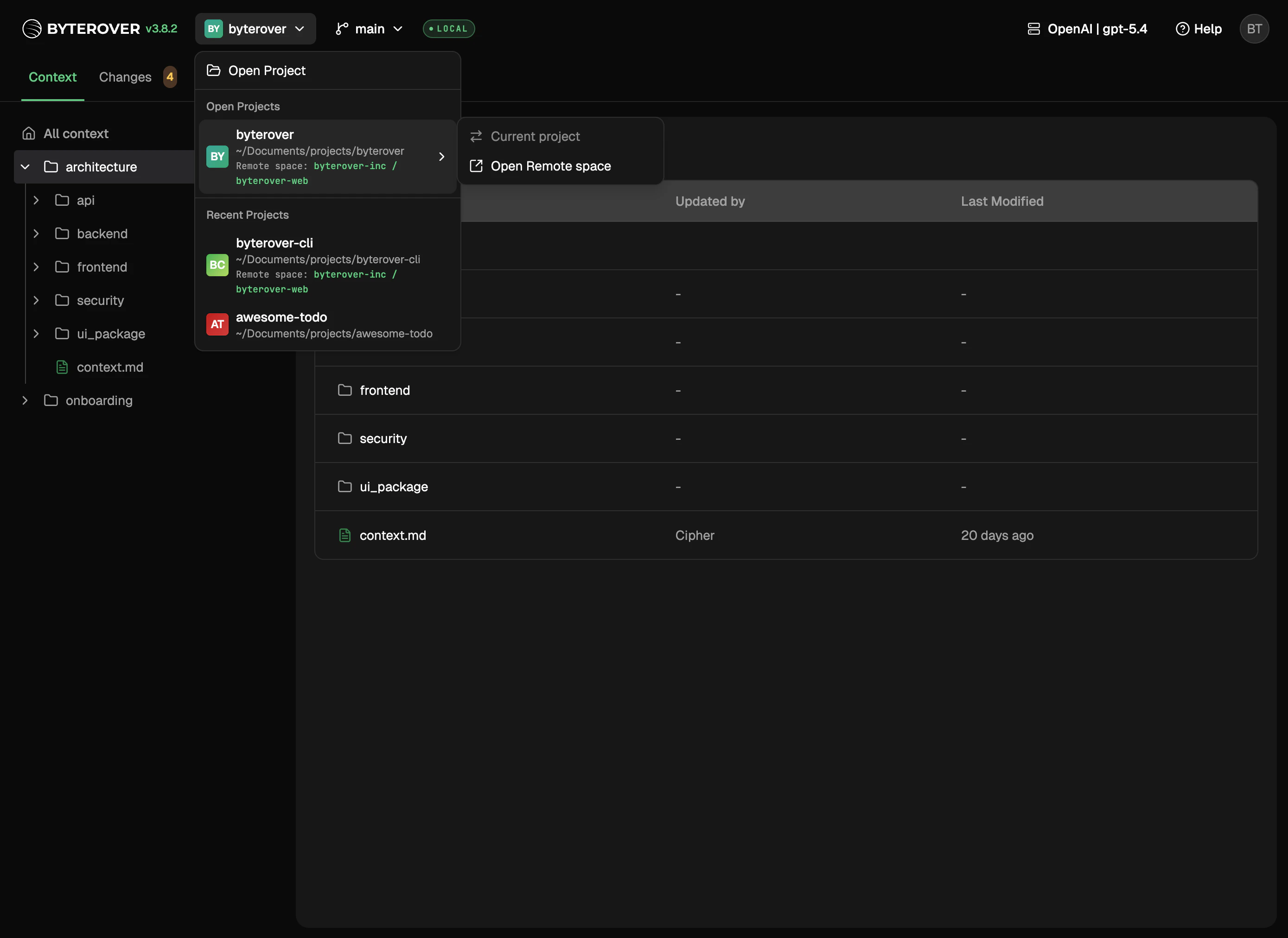 Project dropdown expanded in the web UI header