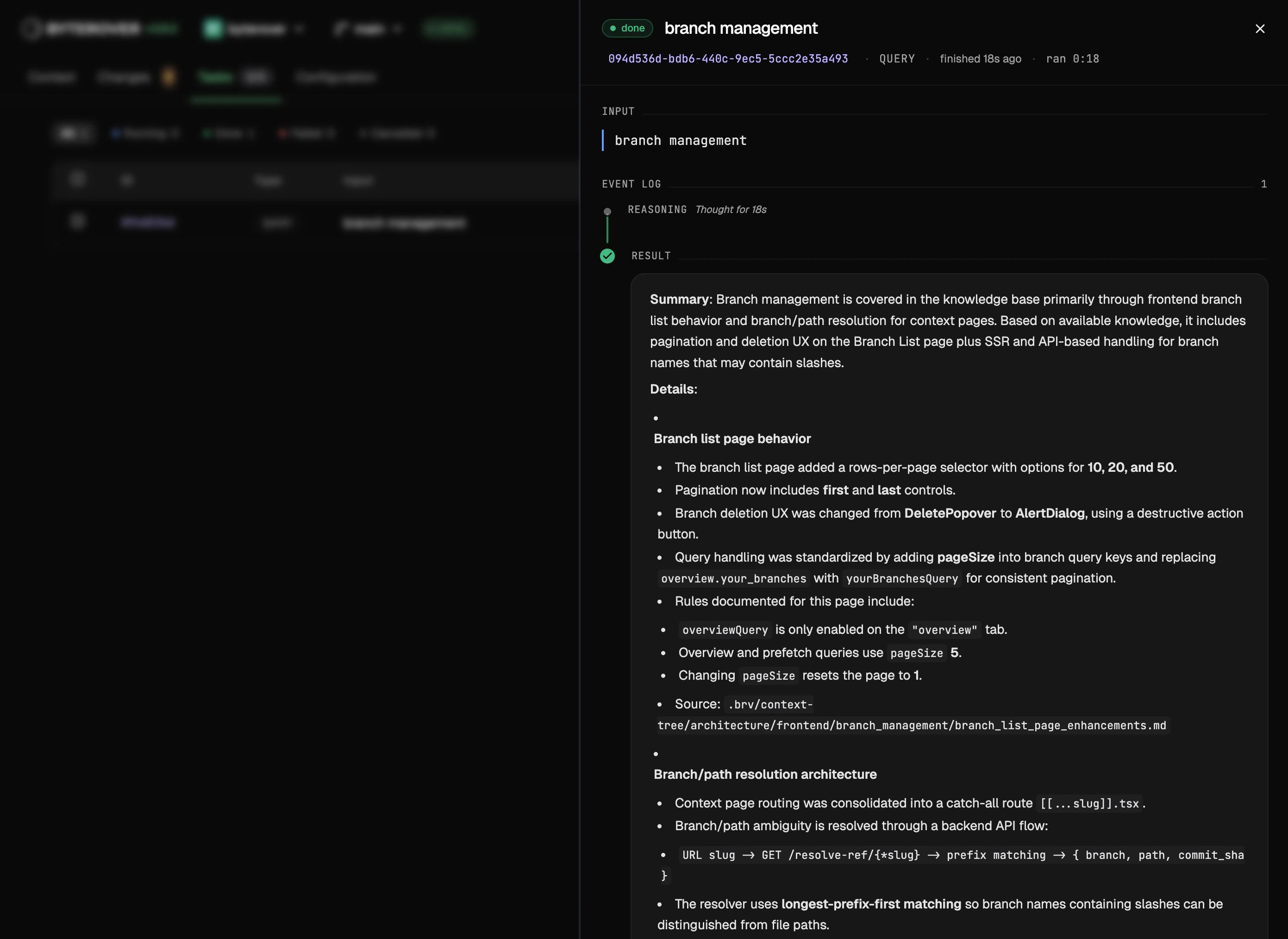 Tasks tab with a running task and its event log