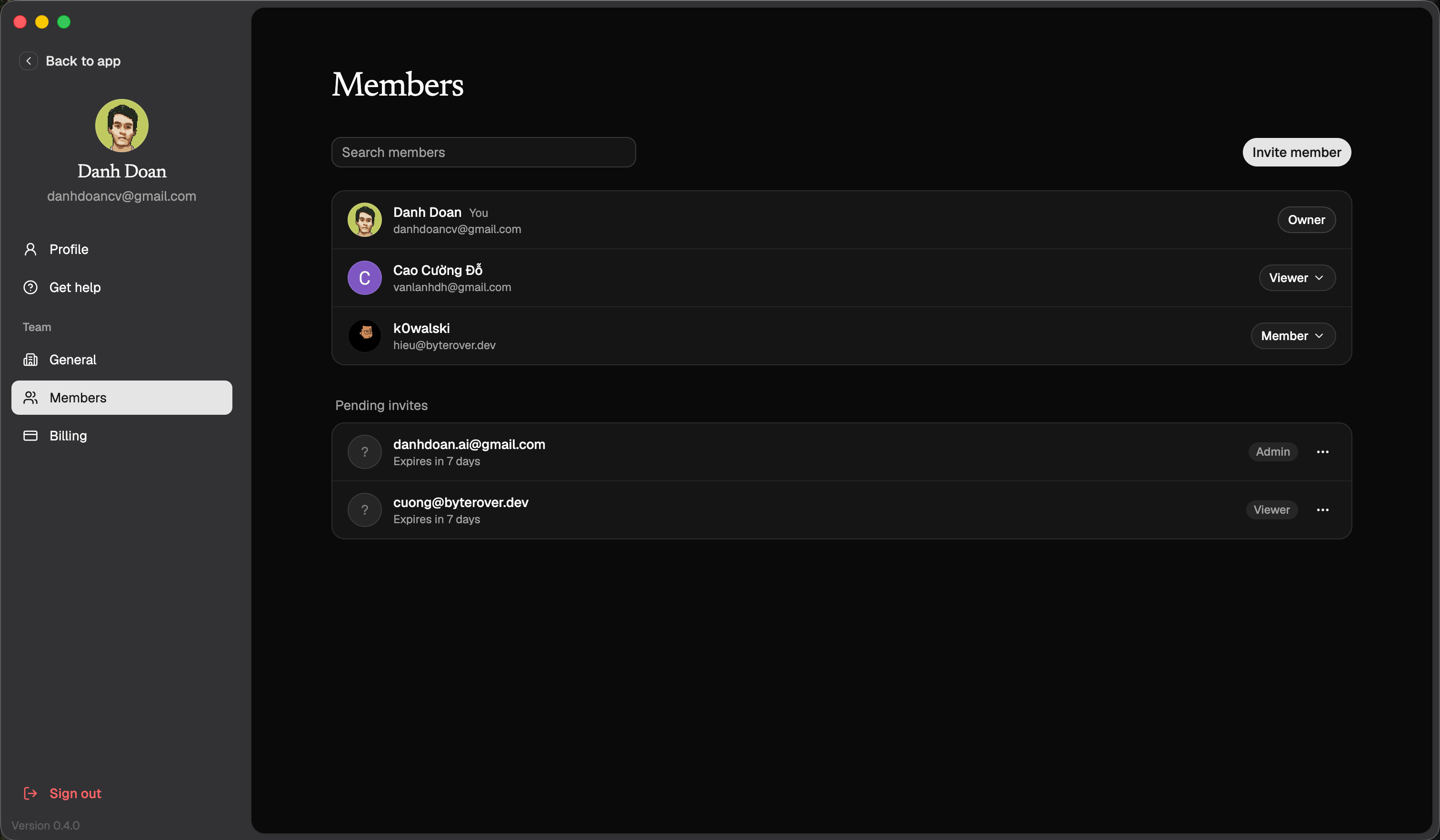 ByteRover team members permission screen