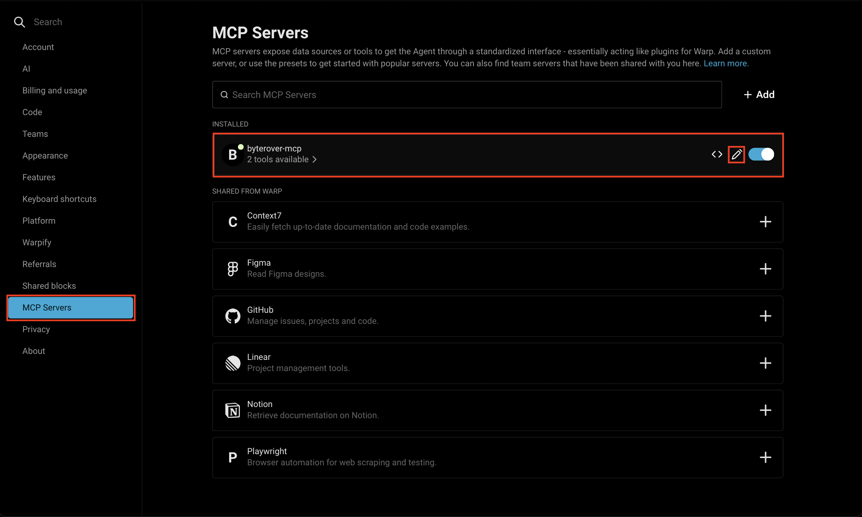 MCP Servers Tab