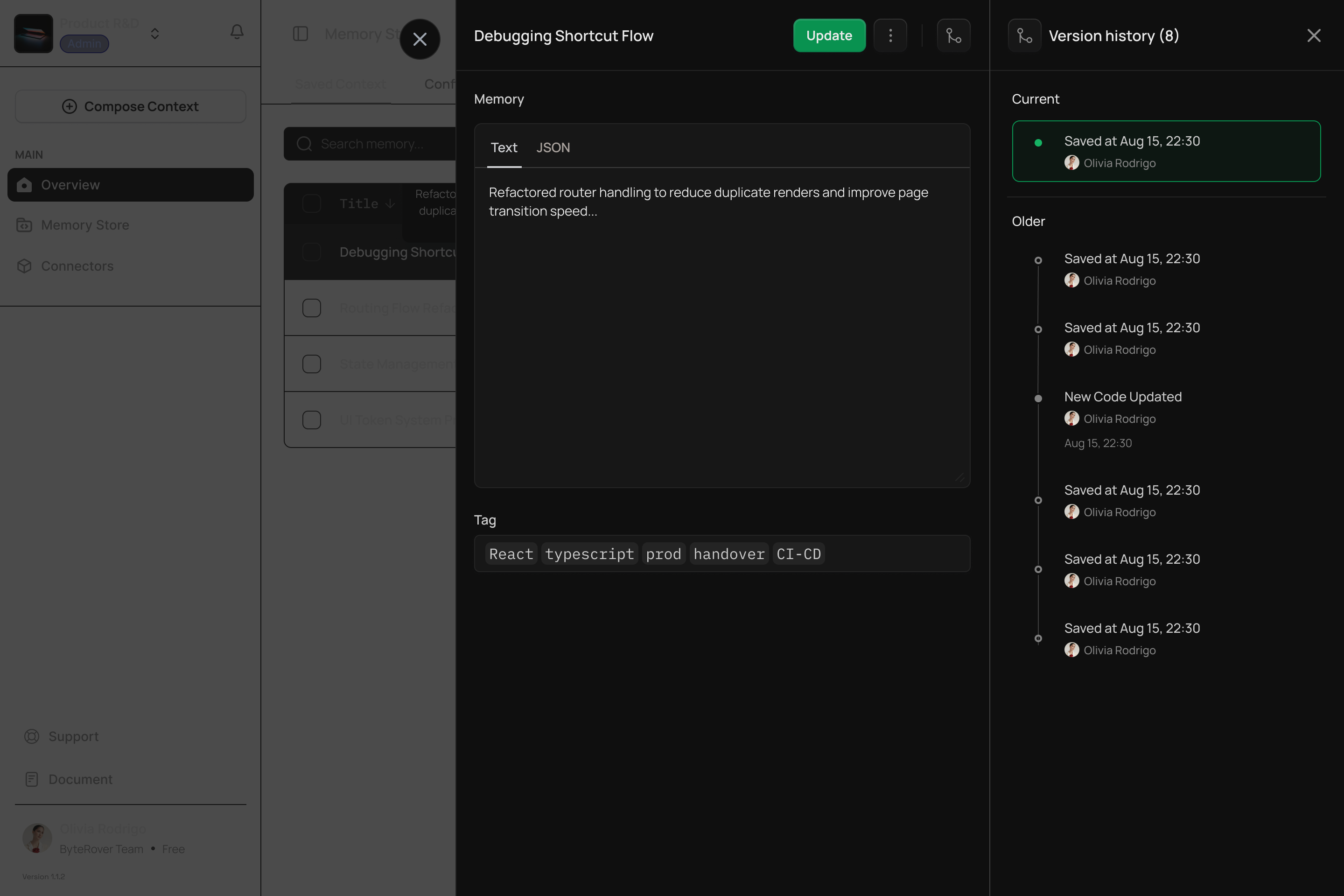ByteRover Version Control - Detailed version history showing edit timeline, changes, and restoration options