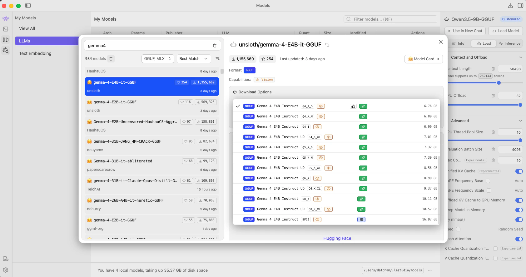 Download Gemma 4 E4B in LM Studio