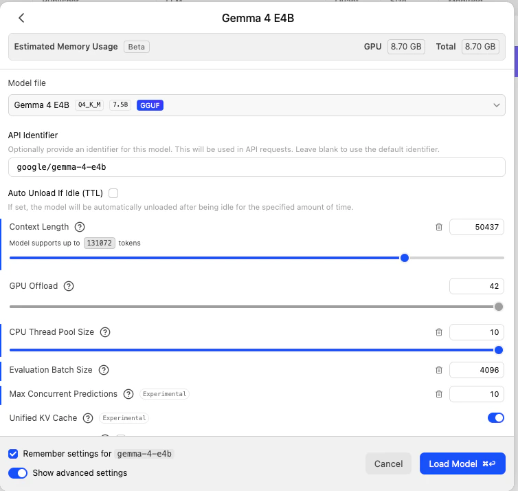 Gemma 4 E4B load configuration