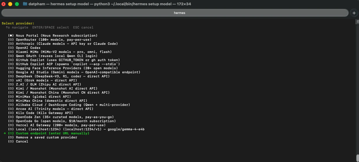 Select Custom Provider in Hermes setup wizard