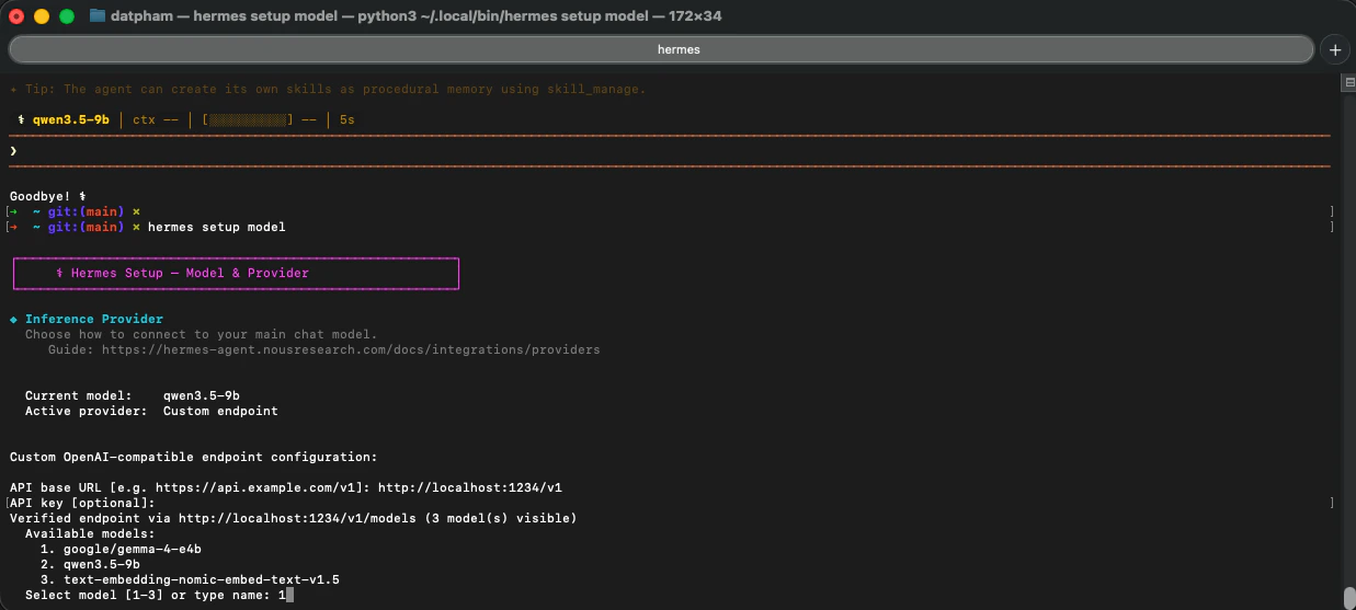 Hermes local model setup complete