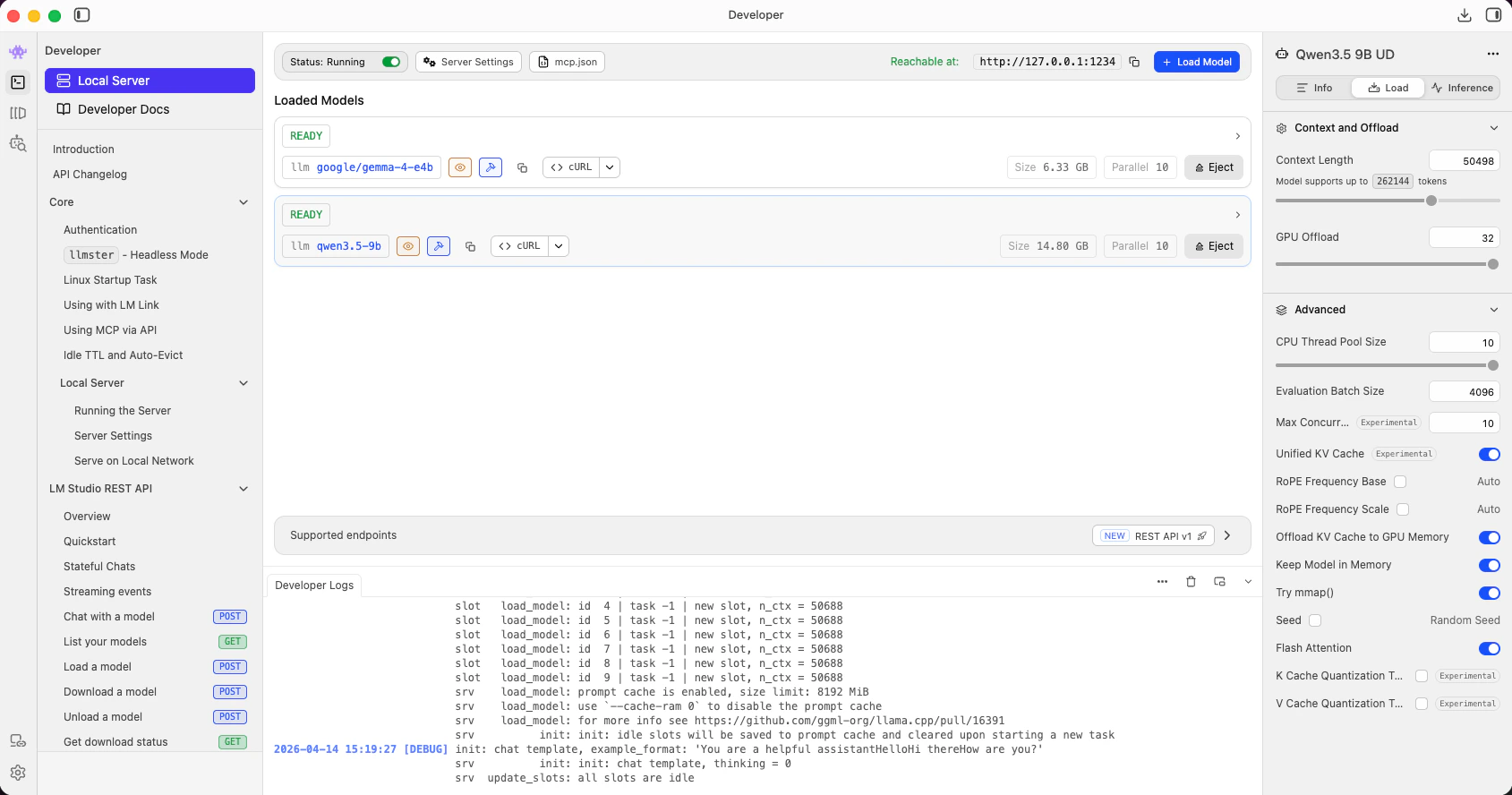Both models loaded and ready in LM Studio Developer tab