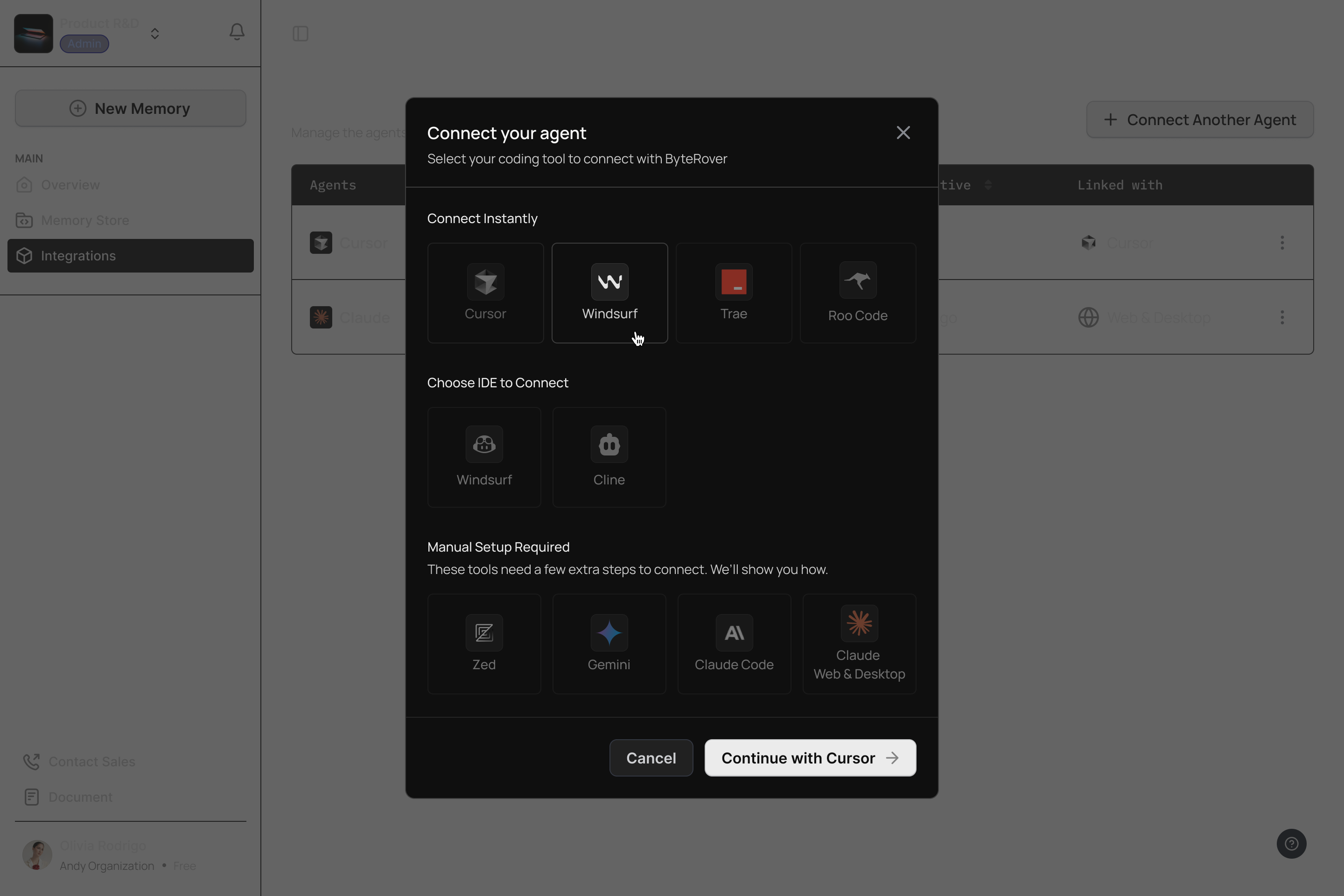 ByteRover integration in action across different development environments