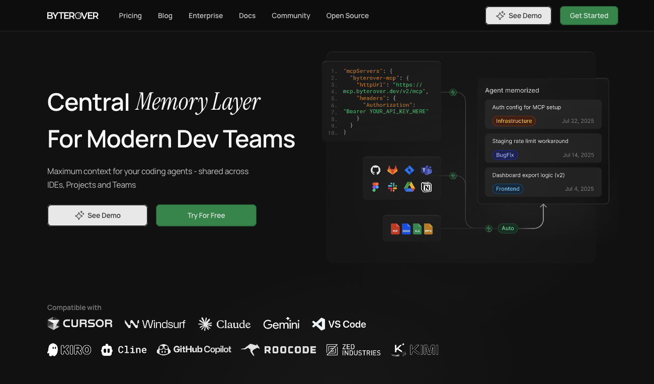 ByteRover Central Memory Layer for Modern Dev Teams - Compatible with Cursor, Windsurf, Claude, VS Code and more