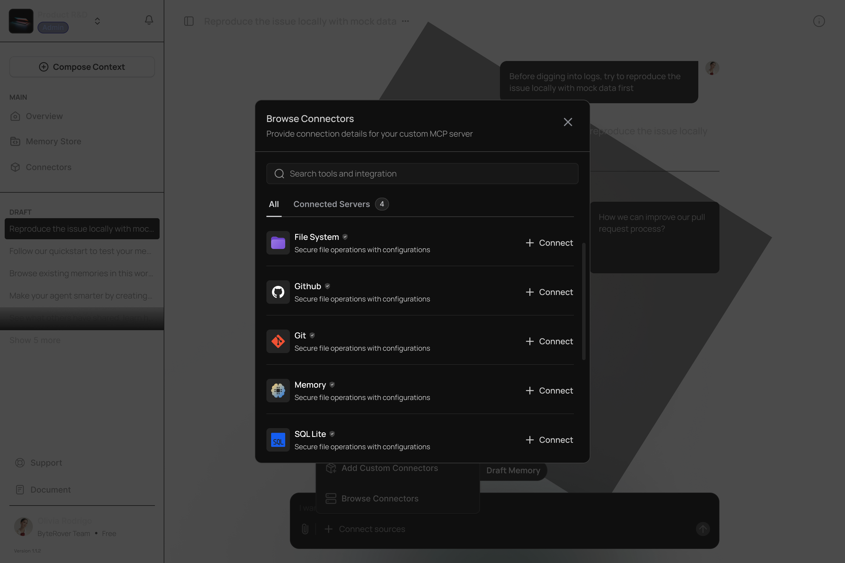 MCP Server Integrations - Browse and connect to various services including File System, GitHub, Git, Memory, and SQLite through Model Context Protocol