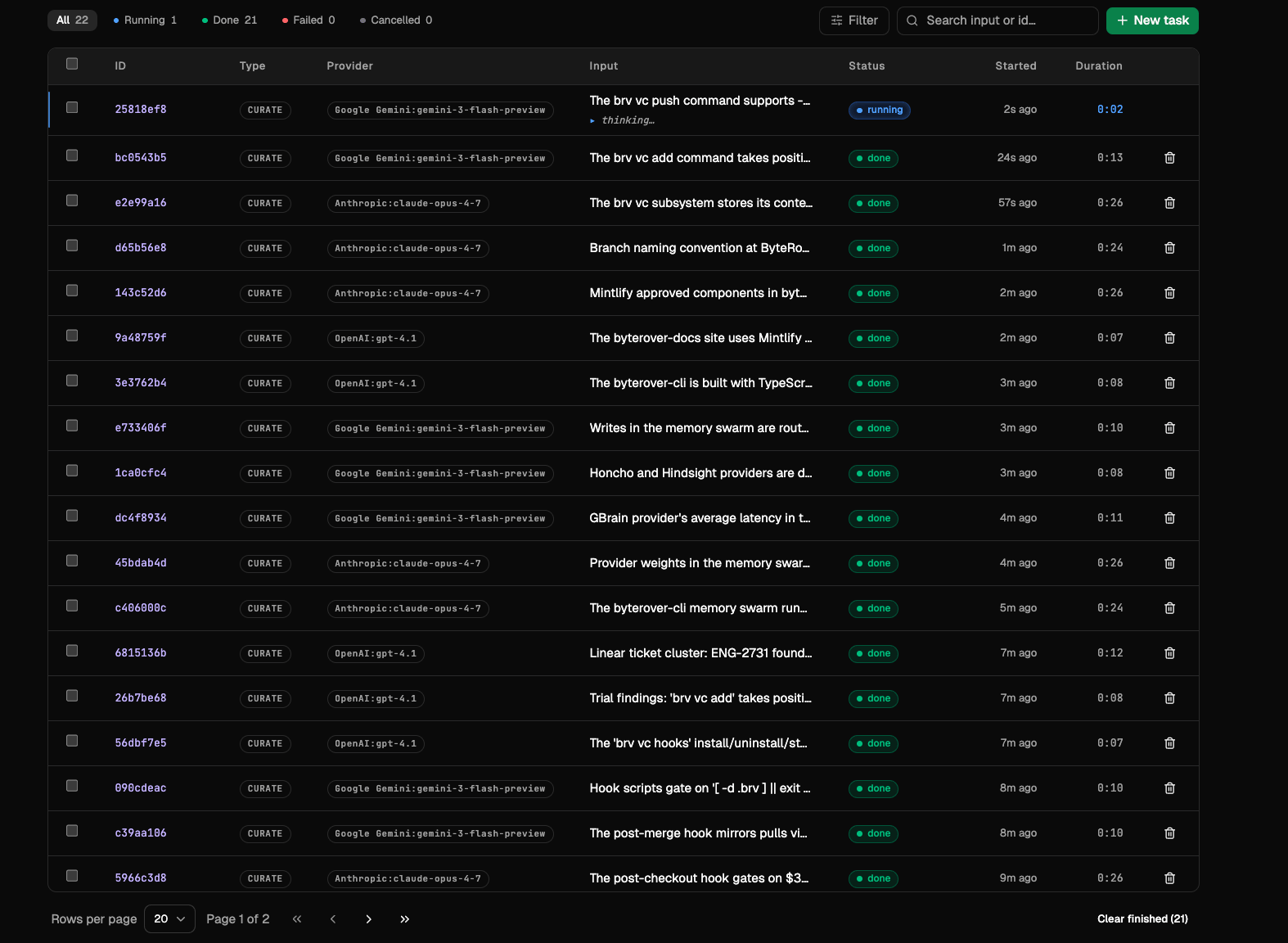 Task history table showing curate and query tasks with their providers, status, and duration