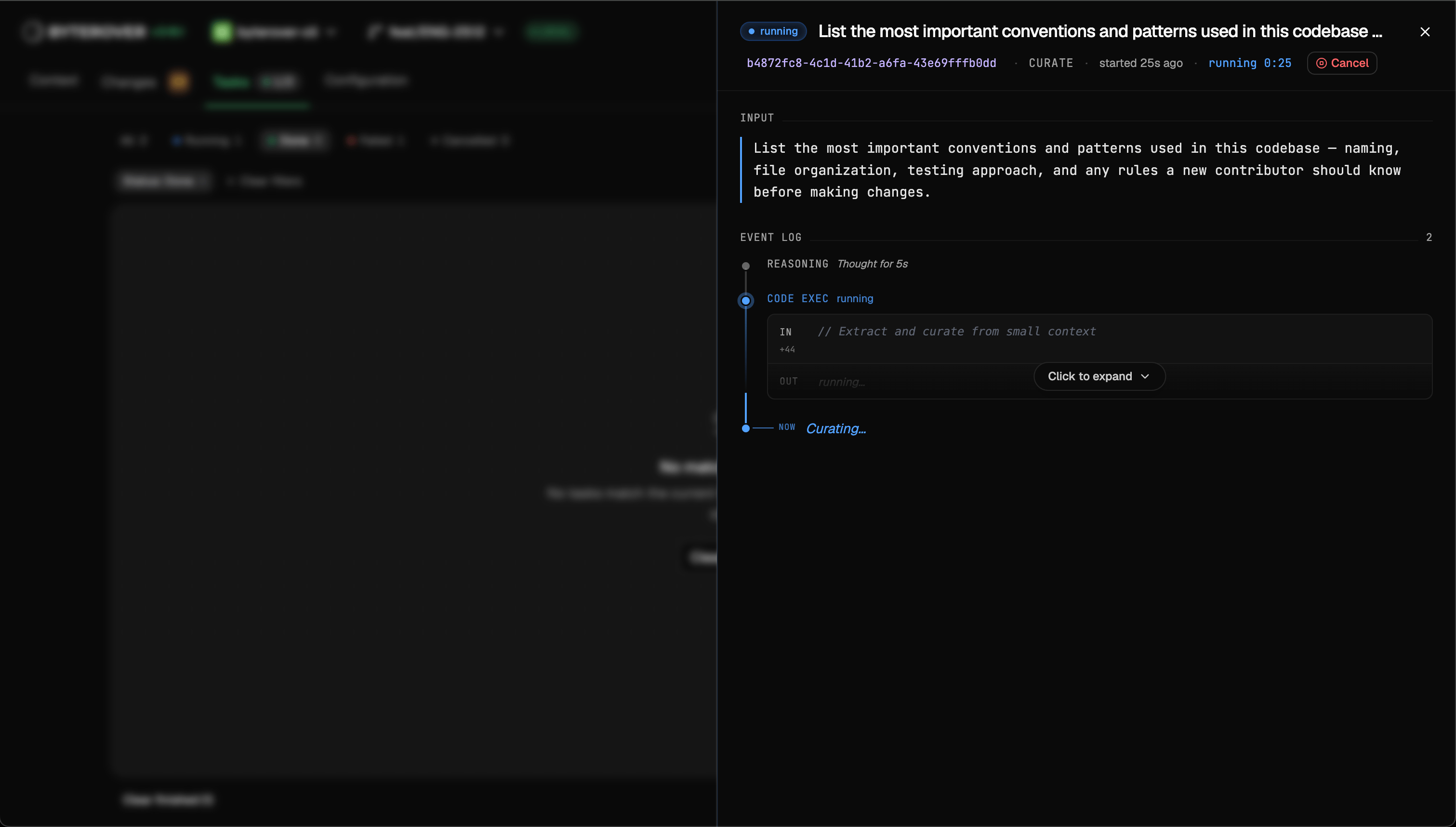 Tasks tab with a running task and its event log