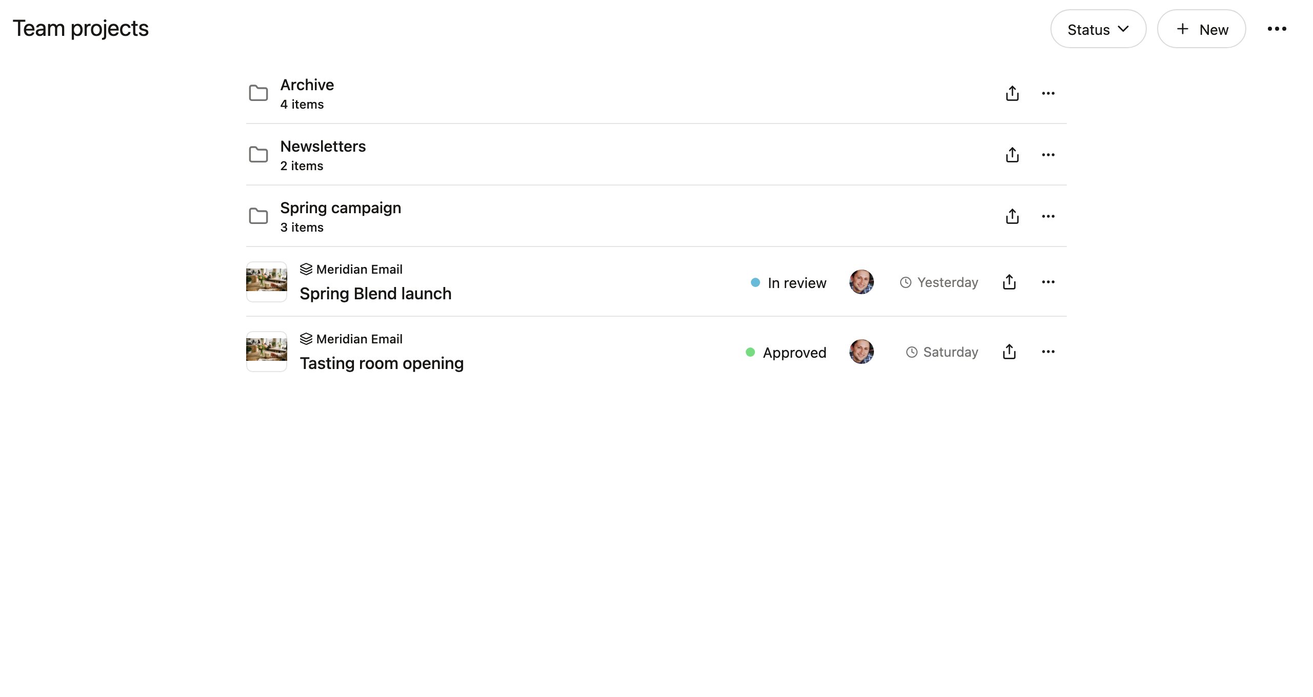 The team projects view with folders at the top and projects listed alongside them