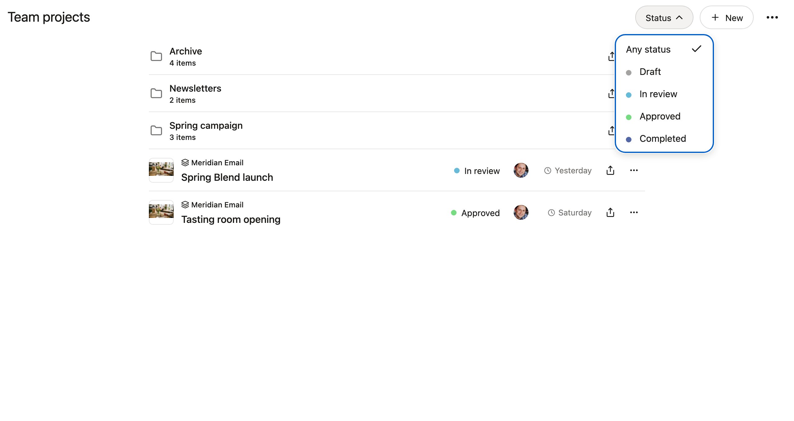 The Projects list filtered by status, with the Status menu open