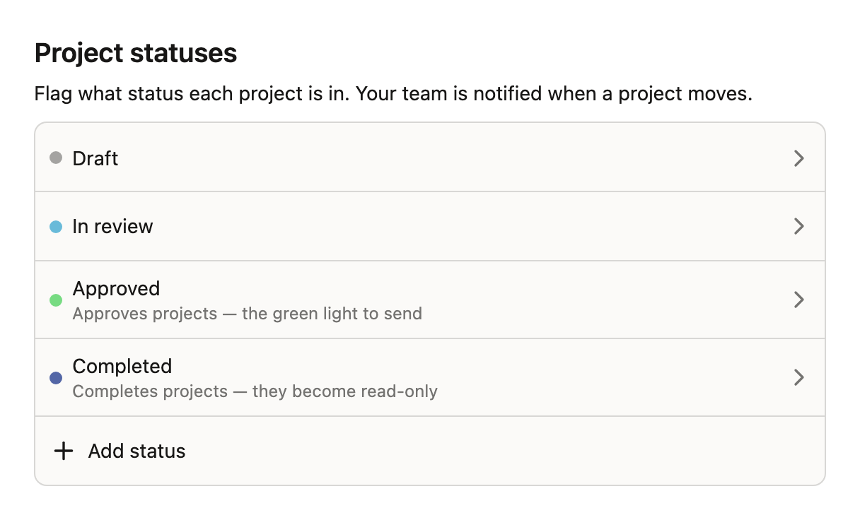 The Project statuses panel in team settings