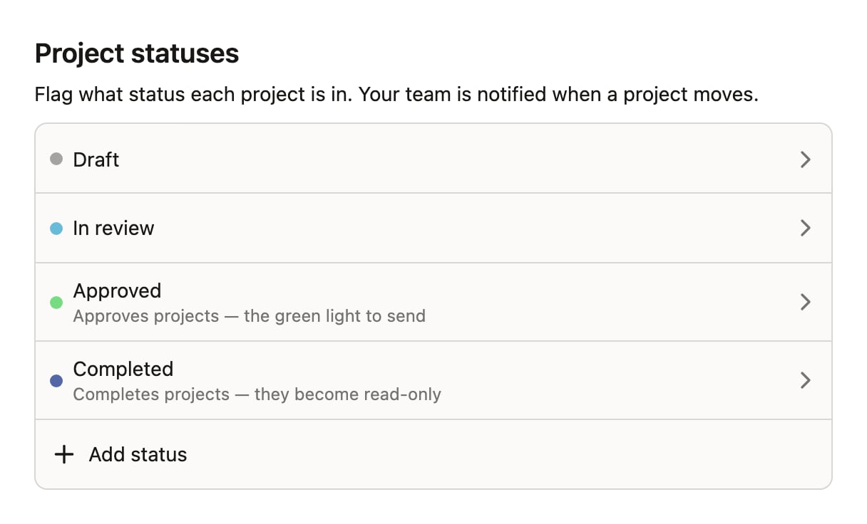 The Project statuses panel in team settings