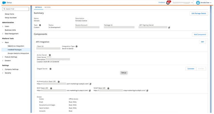 SFMC Installed Packages screen showing the Denada Integration package with API Integration component and permissions