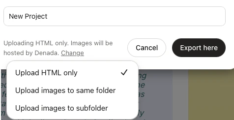 SFMC export dialog showing Upload HTML only, Upload images to same folder, and Upload images to subfolder options