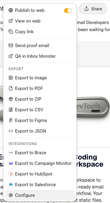 Share menu with export and integration options