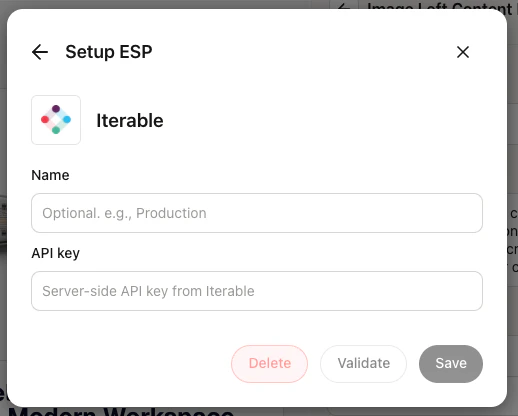 Iterable setup dialog with name and API key fields