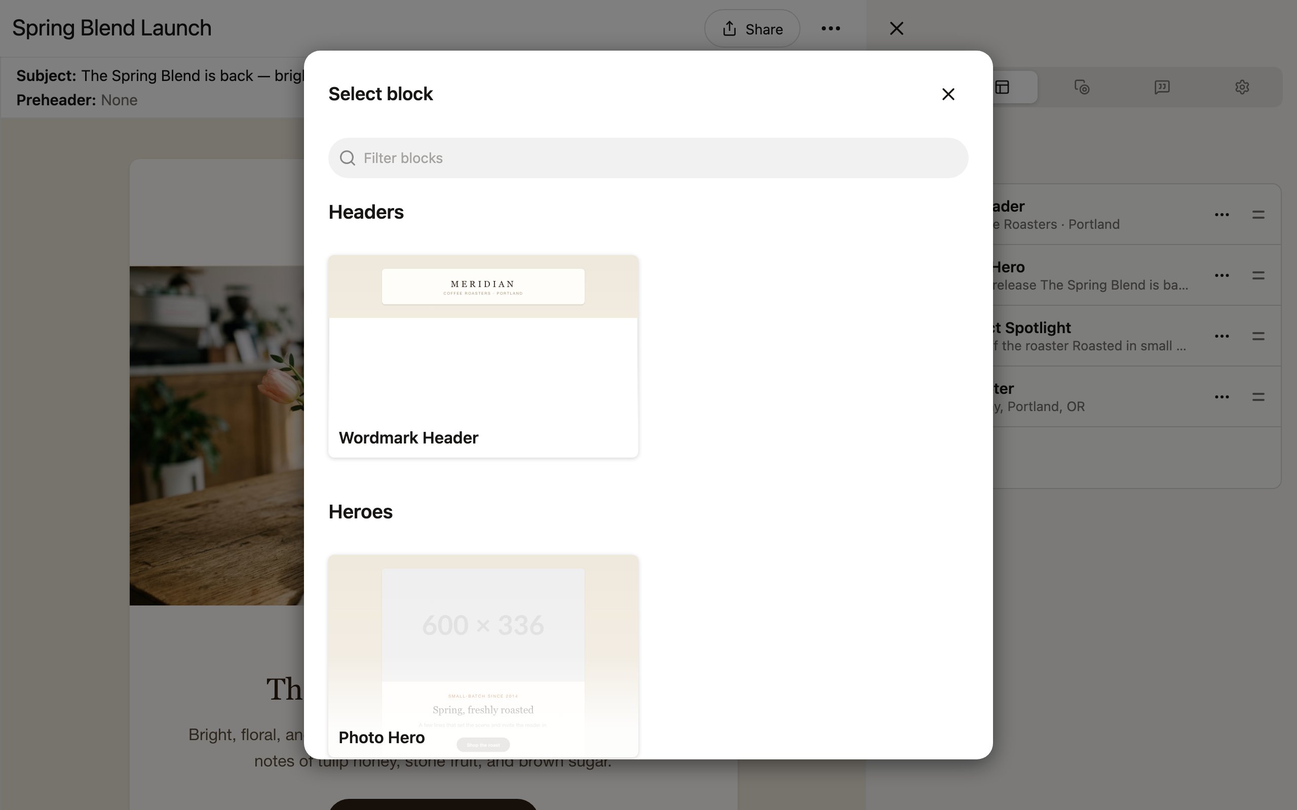 The Select block dialog in the project editor, listing the library's published blocks as preview cards grouped by category
