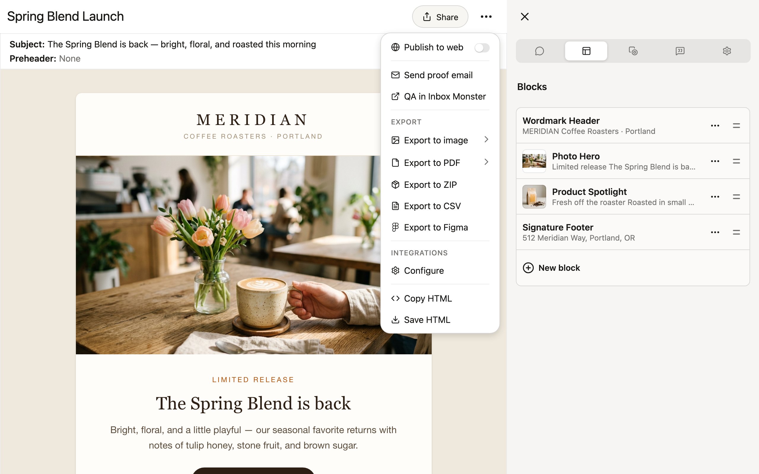 The Share menu showing publish, proof, export, and integration options