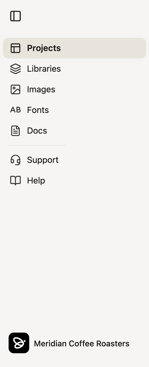The Denada sidebar with Projects, Libraries, Images, Fonts, Docs, Support, and Help sections