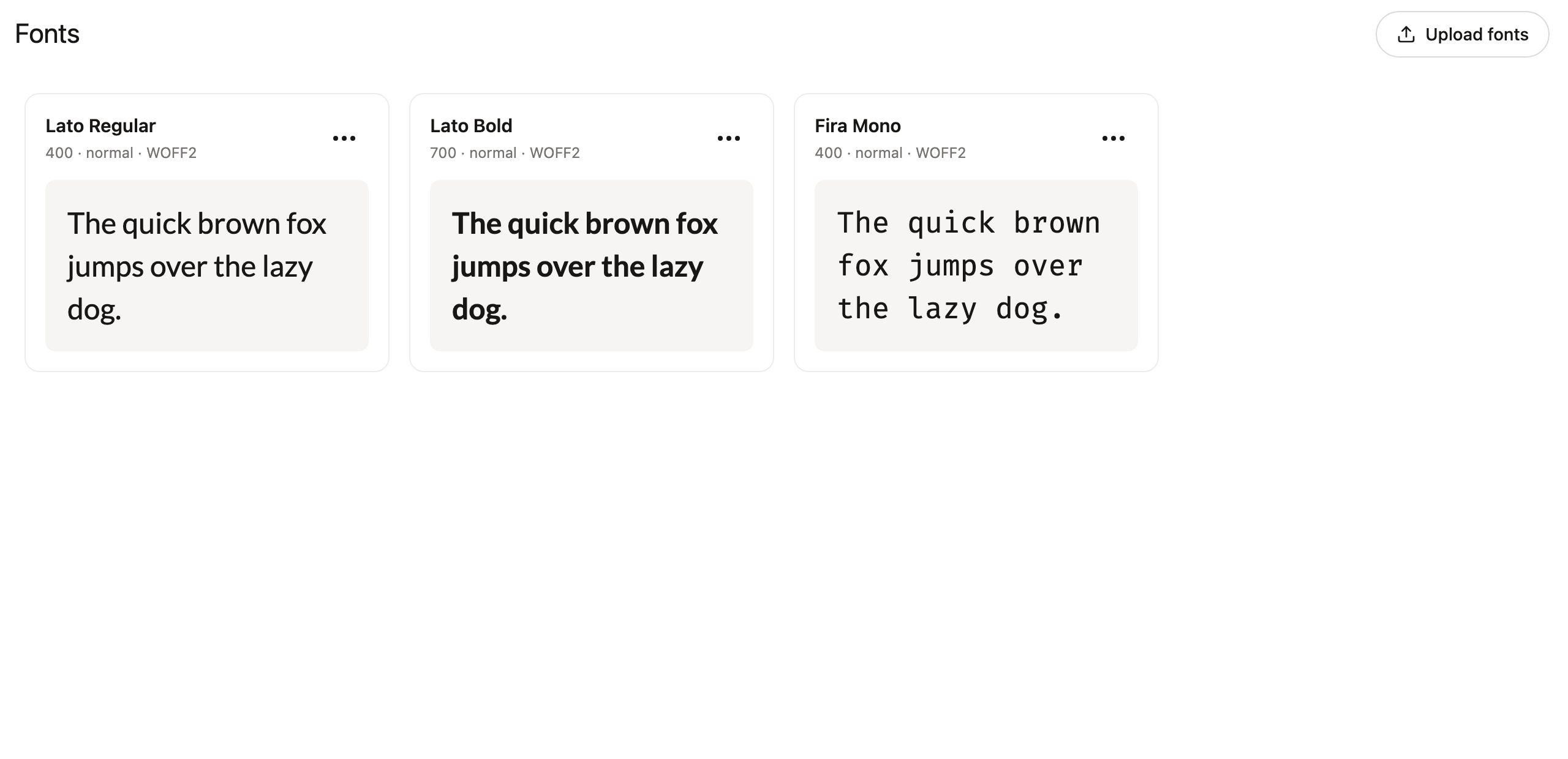 The Fonts page showing hosted font cards, each with a live preview and weight, style, and format details