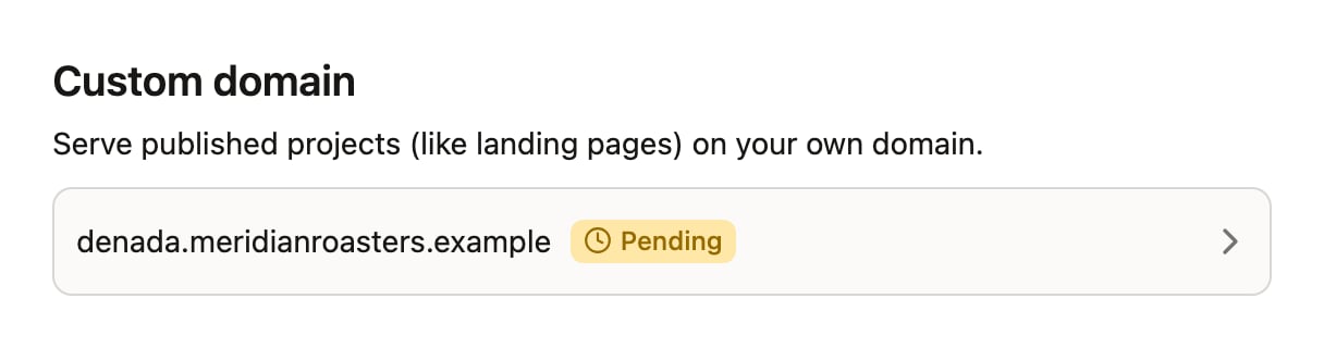 Custom domain panel showing a configured domain with a Pending verification badge