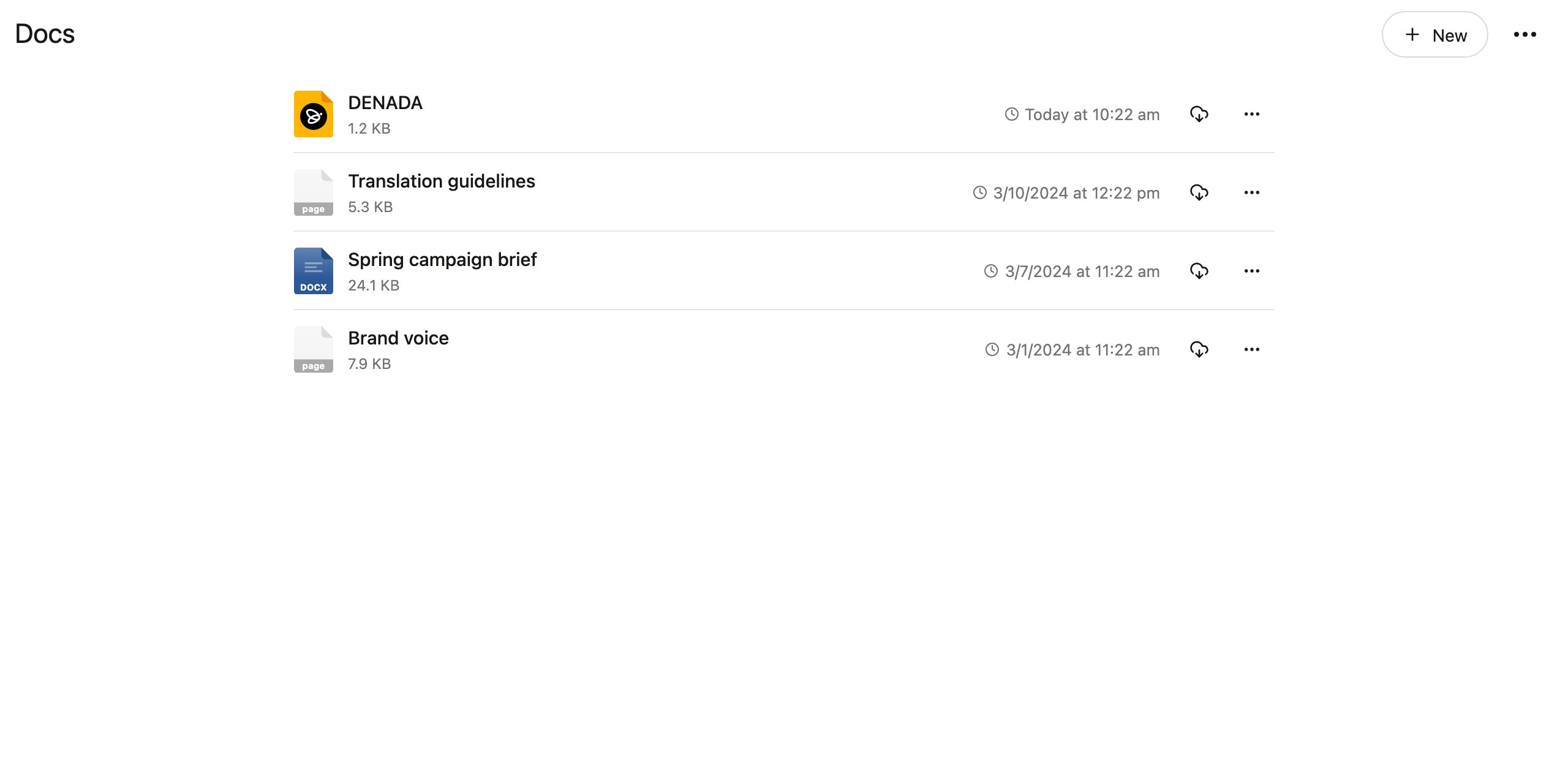 The Docs section listing the DENADA page alongside other team documents