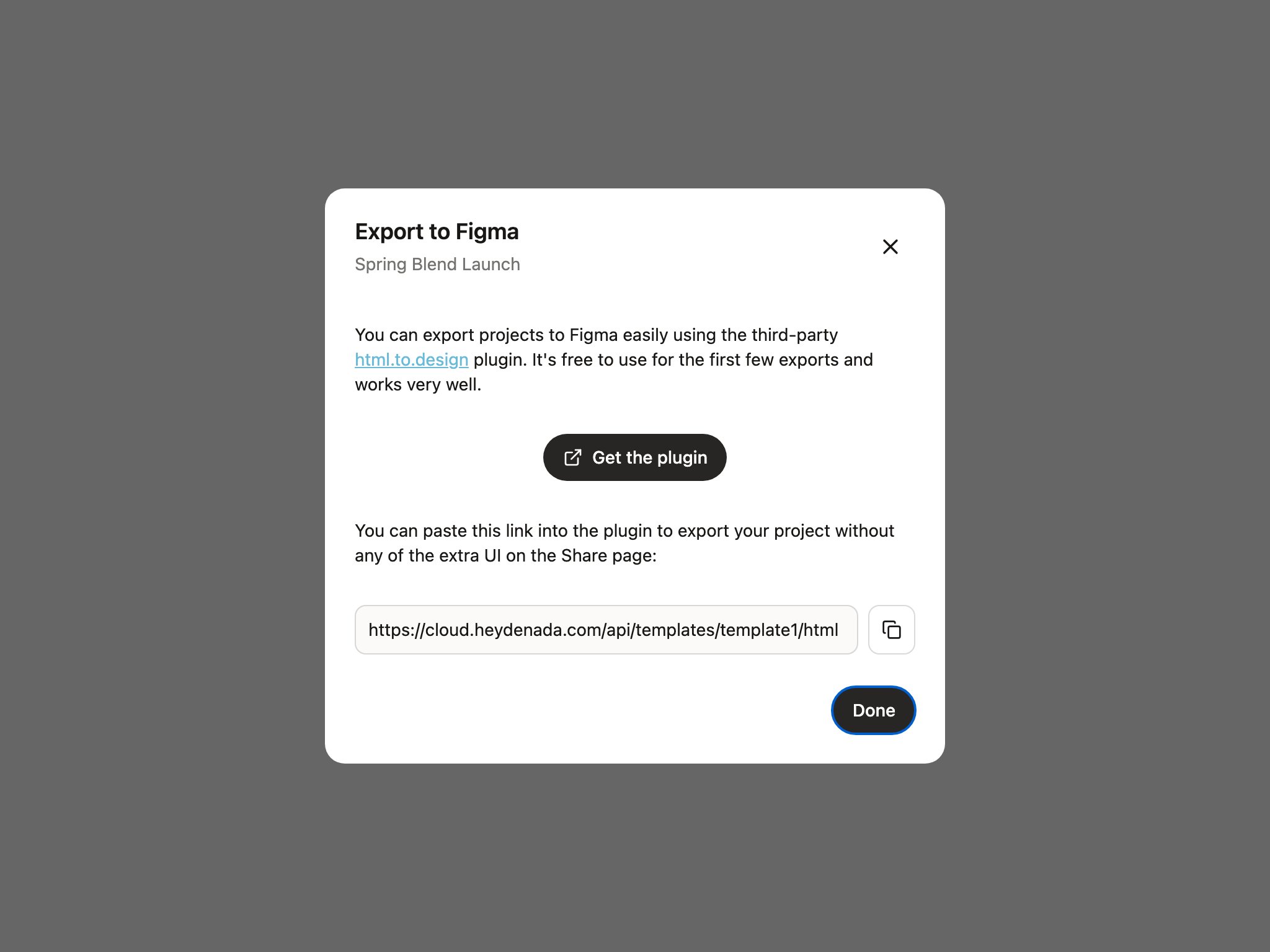 The Export to Figma dialog with the Get the plugin button and a copyable link to the project's rendered HTML