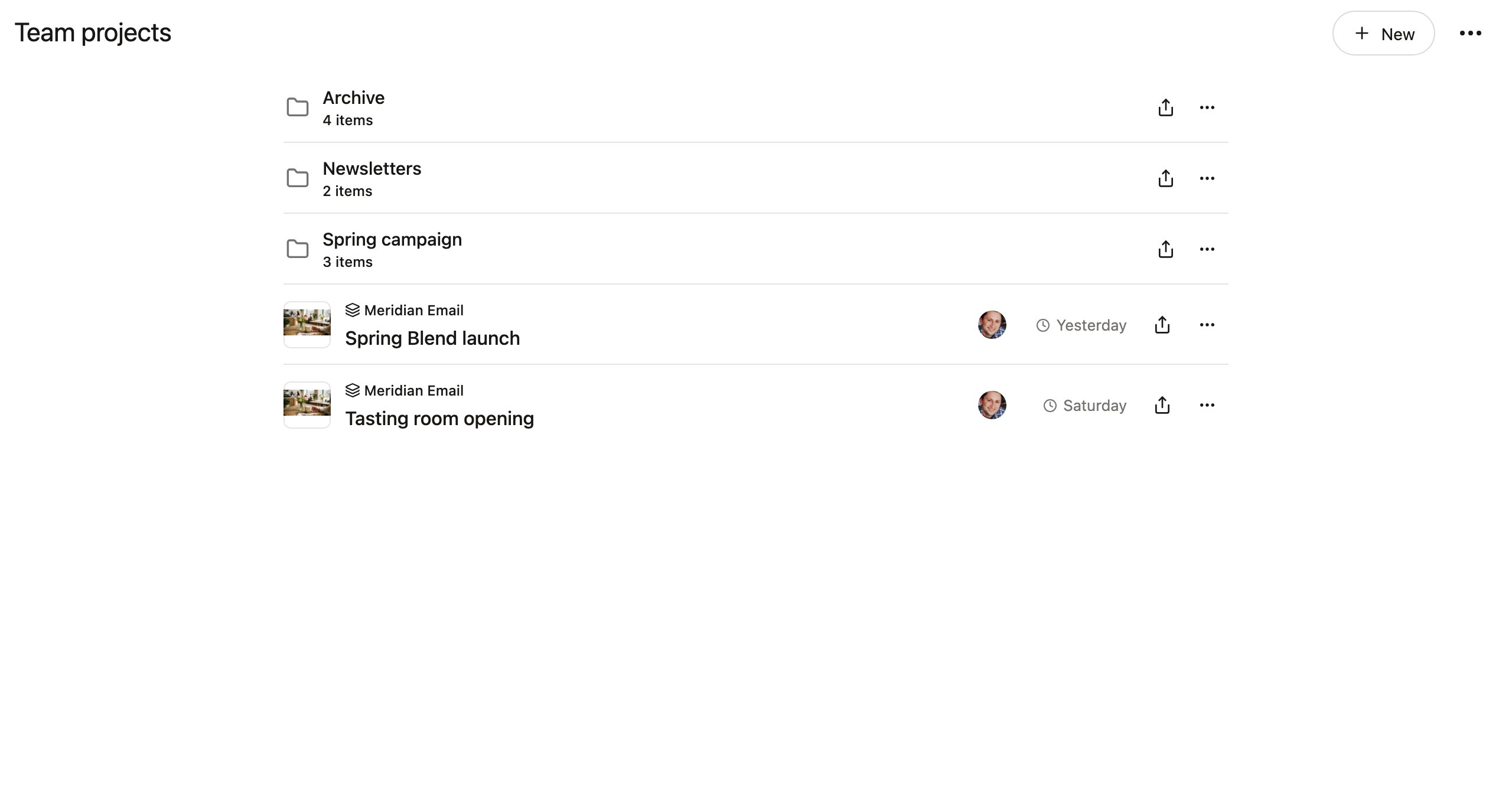 The team projects view with folders at the top and projects listed alongside them
