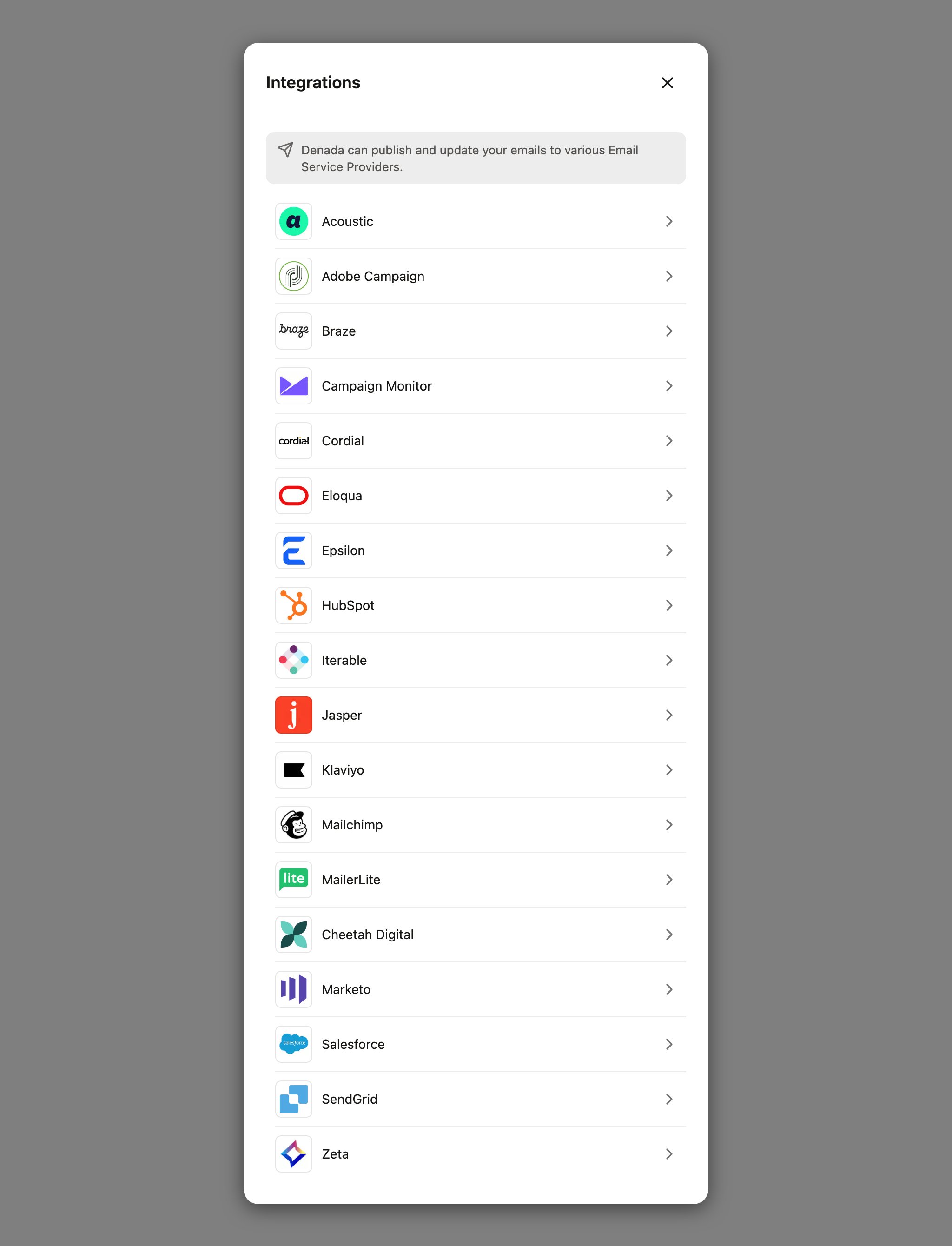 The Integrations dialog listing the available email service provider platforms