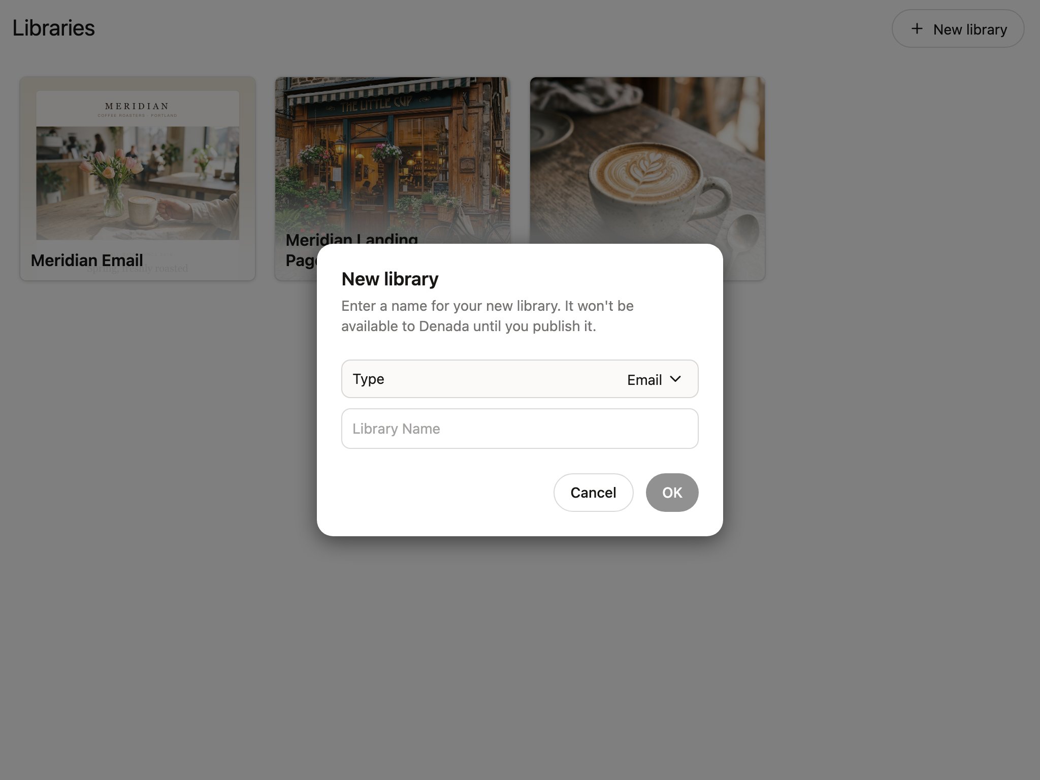 The New library dialog with the Type dropdown set to Email and a field for the library name