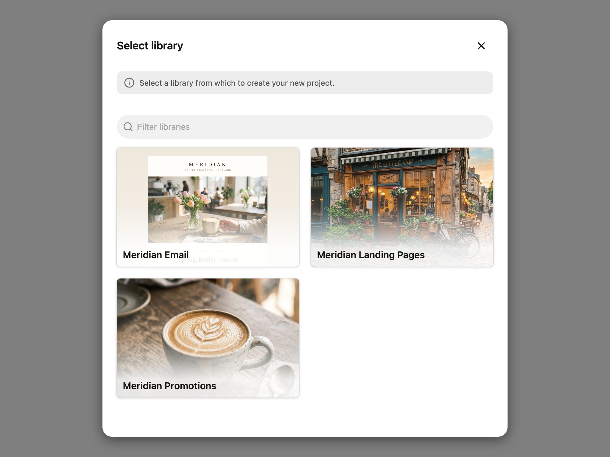 The Select library dialog showing tiles for several team libraries