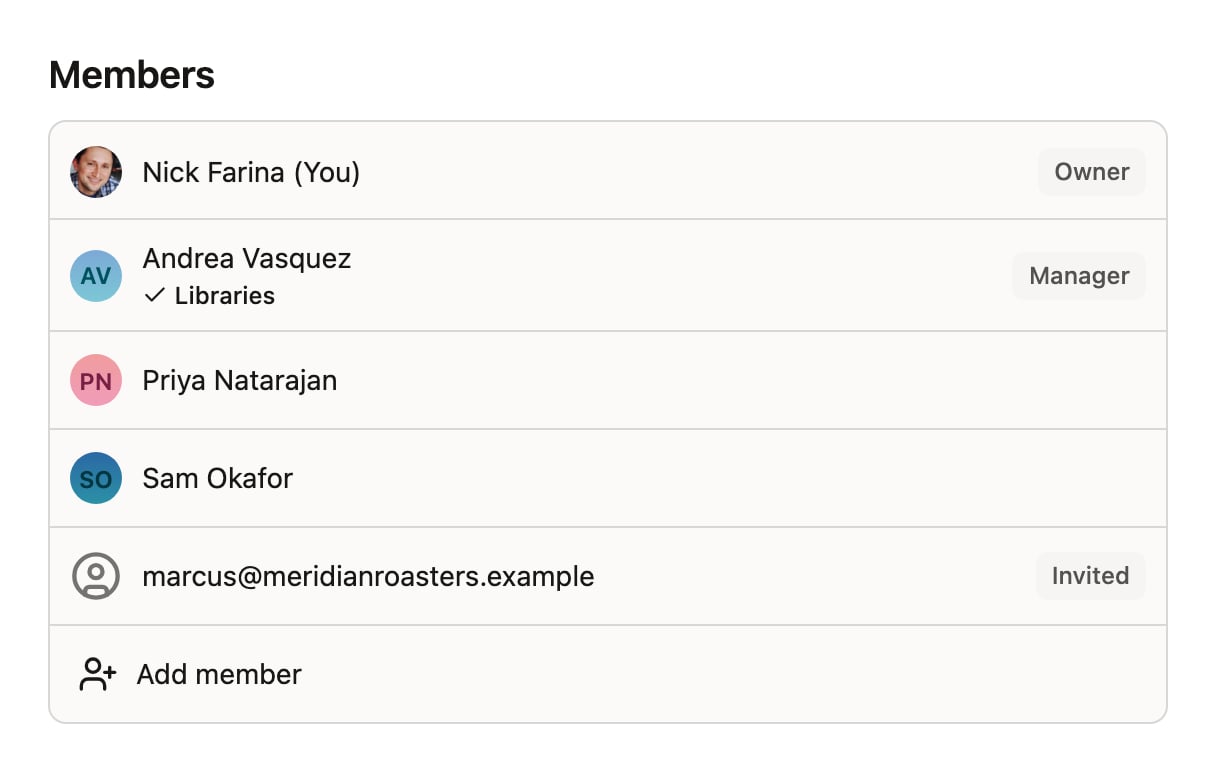 Members list showing owner, manager, and member access levels, a pending invitation, and the Add member button