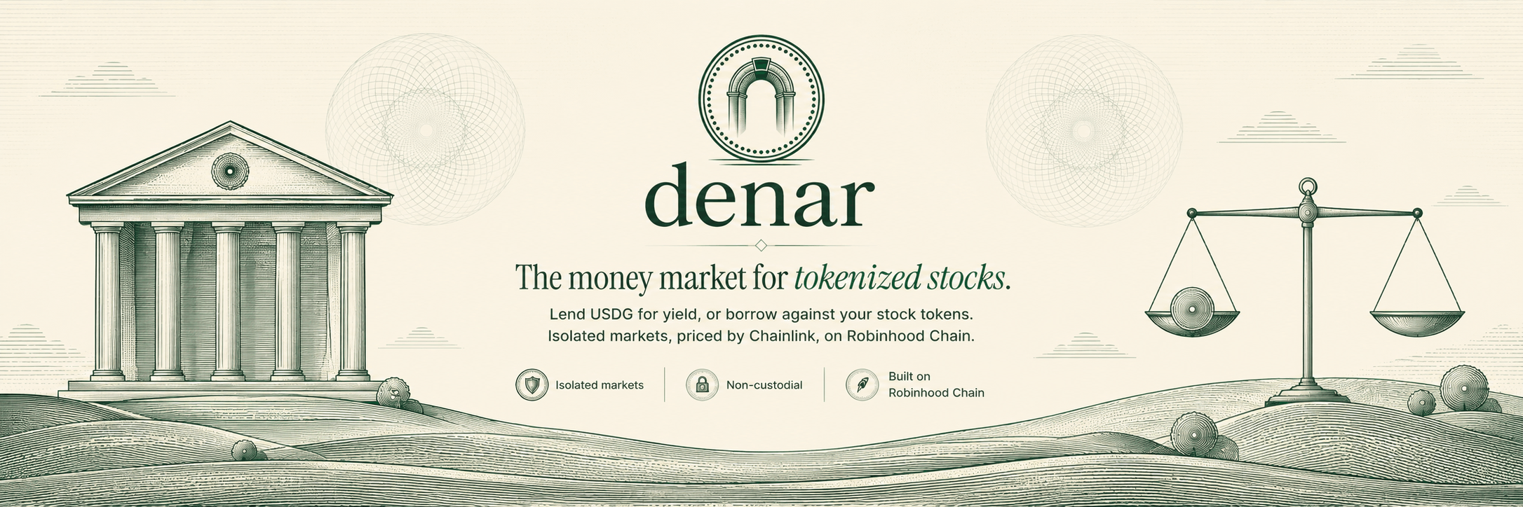 Denar — the money market for tokenized stocks. Engraved scene with the Denar arch coin, an exchange temple and a balance.