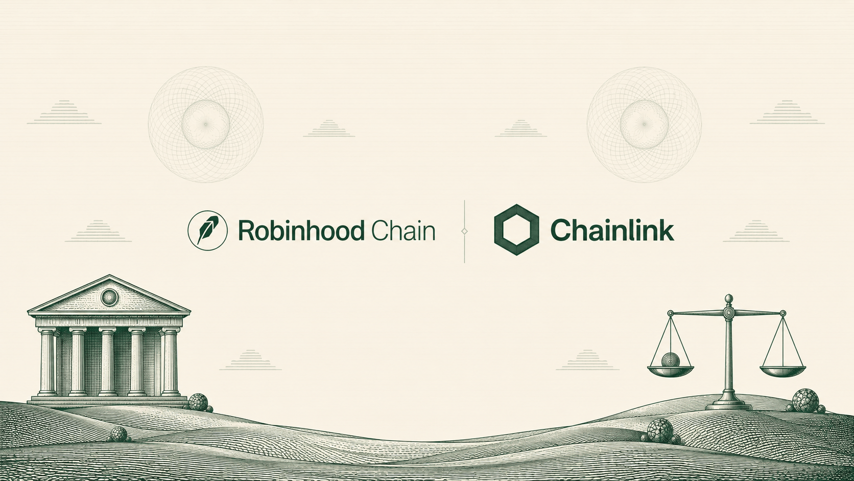 Robinhood Chain and Chainlink logos in the Denar engraved landscape