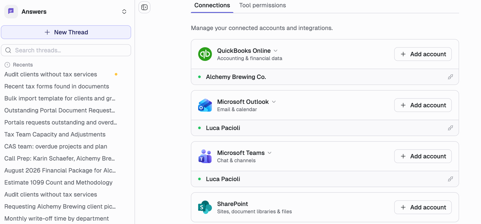 The Answers Connections page, showing QuickBooks Online with Alchemy Brewing Co. connected, Microsoft Outlook and Microsoft Teams each with an account connected, and SharePoint with none yet. Each toolkit has an Add account button.