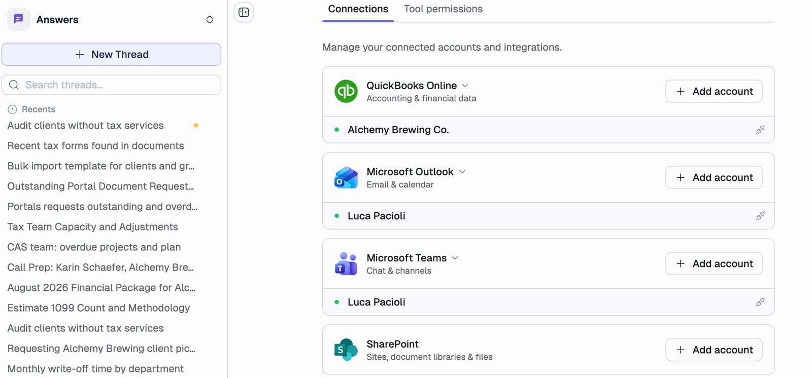 The Answers Connections page, showing QuickBooks Online with Alchemy Brewing Co. connected, Microsoft Outlook and Microsoft Teams each with an account connected, and SharePoint with none yet. Each toolkit has an Add account button.